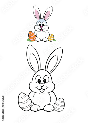 A fun Easter Bunny coloring page for kids, featuring a cheerful bunny hiding colorful eggs in a sunny garden with flowers and grass—perfect for creative holiday fun!