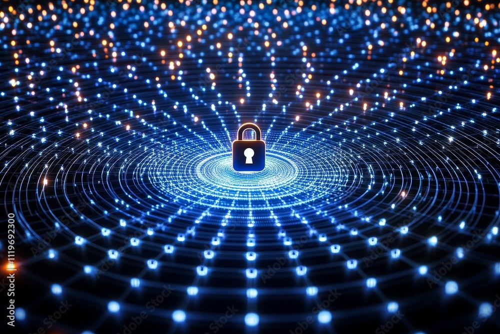 Digital Lock Symbol Surrounded by Radiating Light Patterns Representing Cybersecurity and Data Protection in a Modern Technology Environment Digital Lock Symbol Surrounded by Radiating Light Patterns Representing Cybersecurity and Data Protection in a Modern Technology Environment