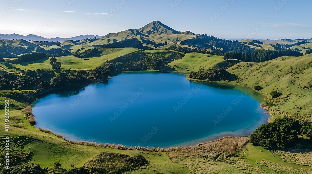 Fototapeta premium A large body of water surrounded by green grass and mountains