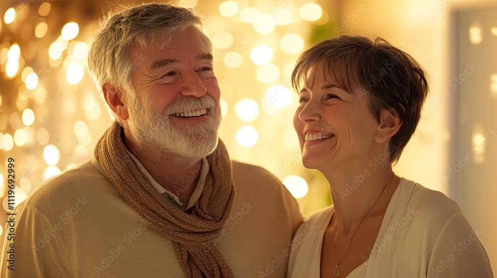 Elderly couple smiling and looking at each other, woman with short gray hair wearing a white shirt standing in front of a man who has a long Elderly couple smiling and looking at each other, woman with short gray hair wearing a white shirt standing in front of a man who has a long