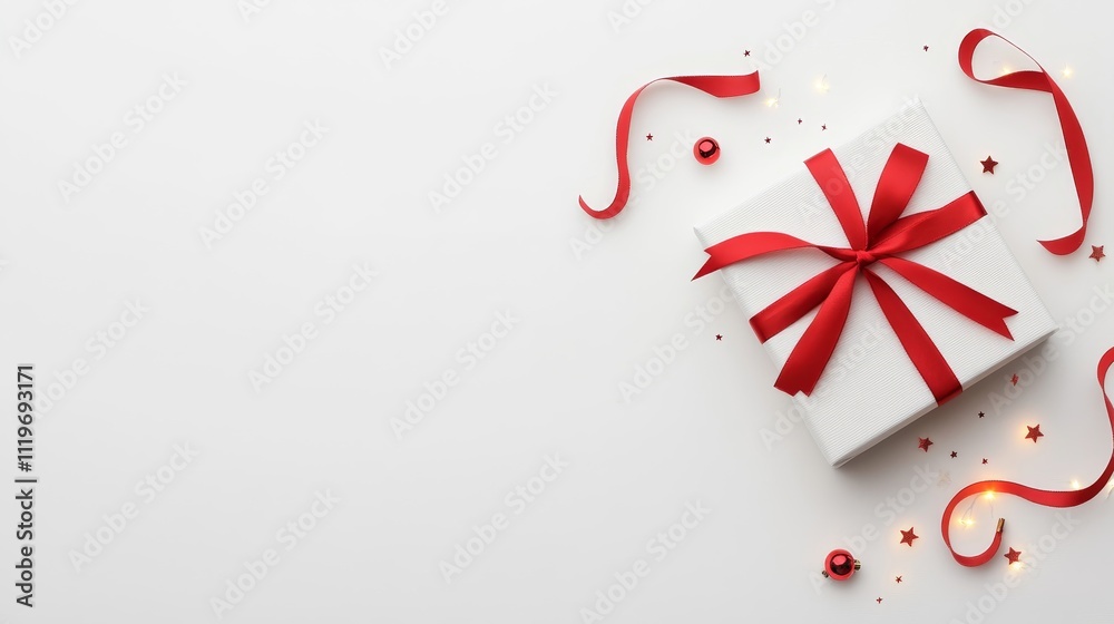 Beautifully Wrapped White Gift Box with Red Bow and Decorative Elements for Celebrations and Special Occasions on a Clean White Background Beautifully Wrapped White Gift Box with Red Bow and Decorative Elements for Celebrations and Special Occasions on a Clean White Background