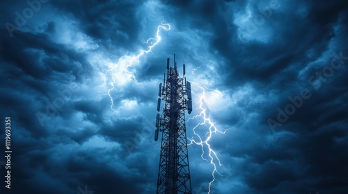 A visionary communication structure, boasting a colossal antenna, stands out against the backdrop of turbulent clouds and lightning that illuminates the sky. photo