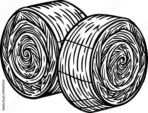 vector illustration of black and white dried rolled piles of straw or dry, flat-style bales of hay, hayloft, roll pile, wheelbarrow, pitchfork, and rake—food for agricultural animals.
