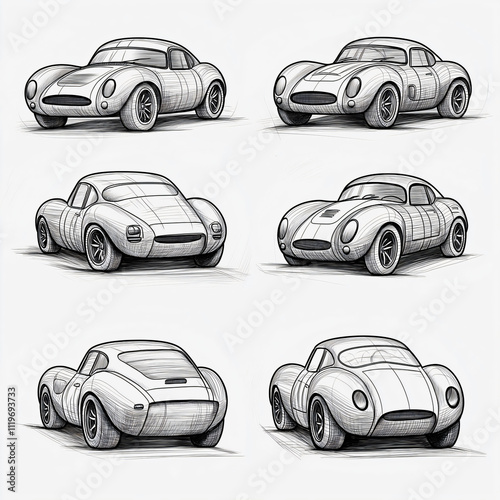 Six different sketches of a vintage raster sport car drawn in black and white with hatching, great for automotive themes photo