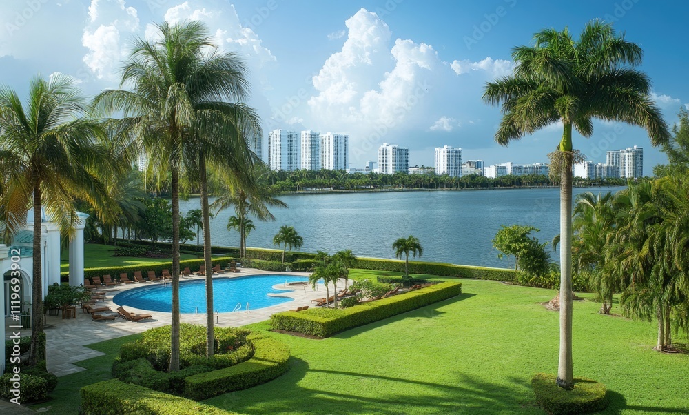 A beautiful, clean, and modern pool in front of an elegant Miami mansion with palm trees and grass A beautiful, clean, and modern pool in front of an elegant Miami mansion with palm trees and grass