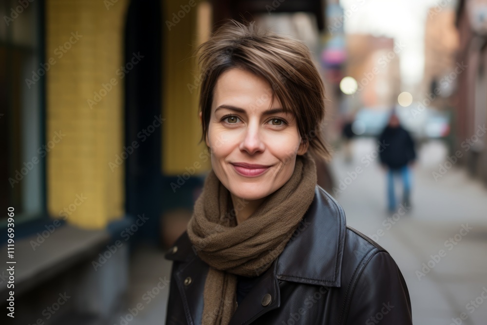 Portrait of a beautiful woman in a leather jacket on the street Portrait of a beautiful woman in a leather jacket on the street