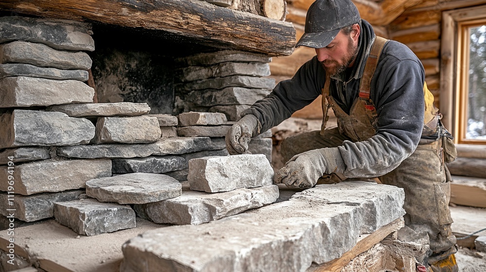 Stone Mason Building a Rustic Fireplace in a Log Cabin Stone Mason Building a Rustic Fireplace in a Log Cabin