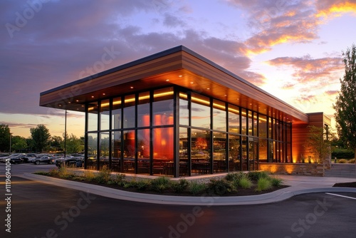 Modern restaurant exterior corner building large windows wood paneling geometric architecture