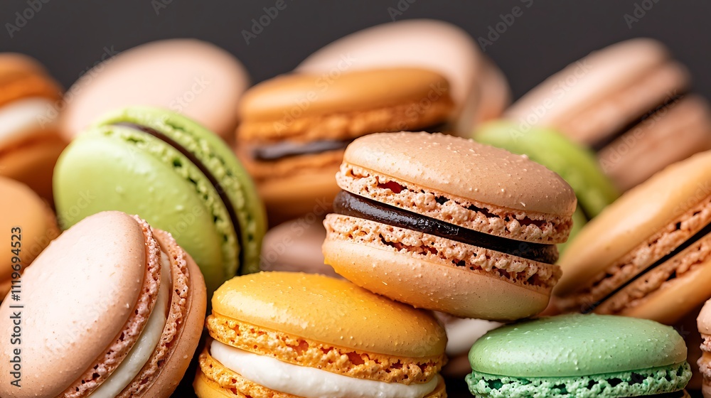 A close up photo featuring a stunning array of vibrant macaron cookies arranged on a dark background, showcasing their delicate texture, enticing colors, and mouth watering appeal. A close up photo featuring a stunning array of vibrant macaron cookies arranged on a dark background, showcasing their delicate texture, enticing colors, and mouth watering appeal.