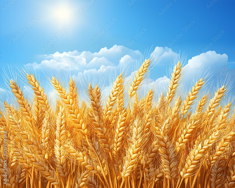 Fototapeta premium Golden wheat field under a bright sunny sky.