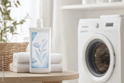 White plastic laundry detergent bottle with dispenser is standing on wooden table with towels in laundry room photo