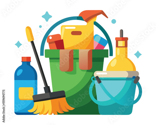 Cleaning Supplies Illustration. Bucket. Mop. Spray Bottle
