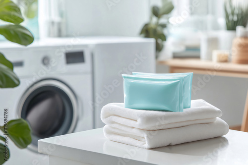 Two laundry detergent pod packages mockup lying on a stack of clean white towels with a washing machine in the background photo