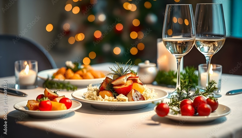 Festive New Year’s Table Setting with Dessert and Soft Lighting Festive New Year’s Table Setting with Dessert and Soft Lighting