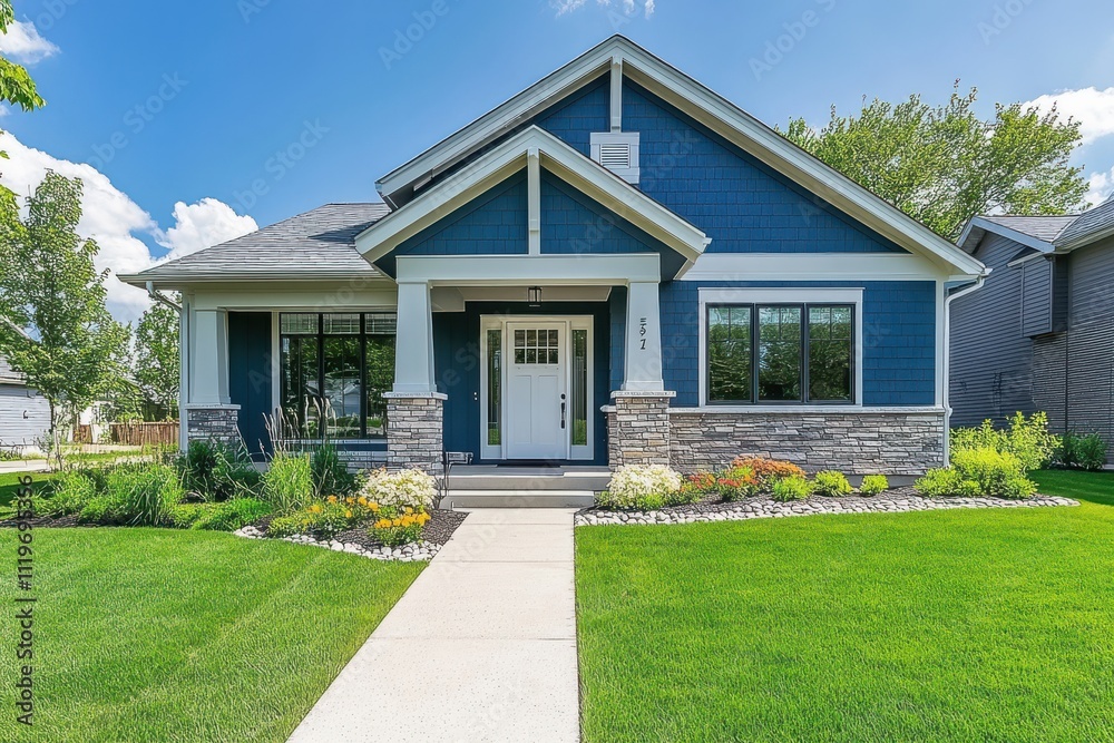 Modern suburban home exterior white craftsman front door stone accent pillars Modern suburban home exterior white craftsman front door stone accent pillars