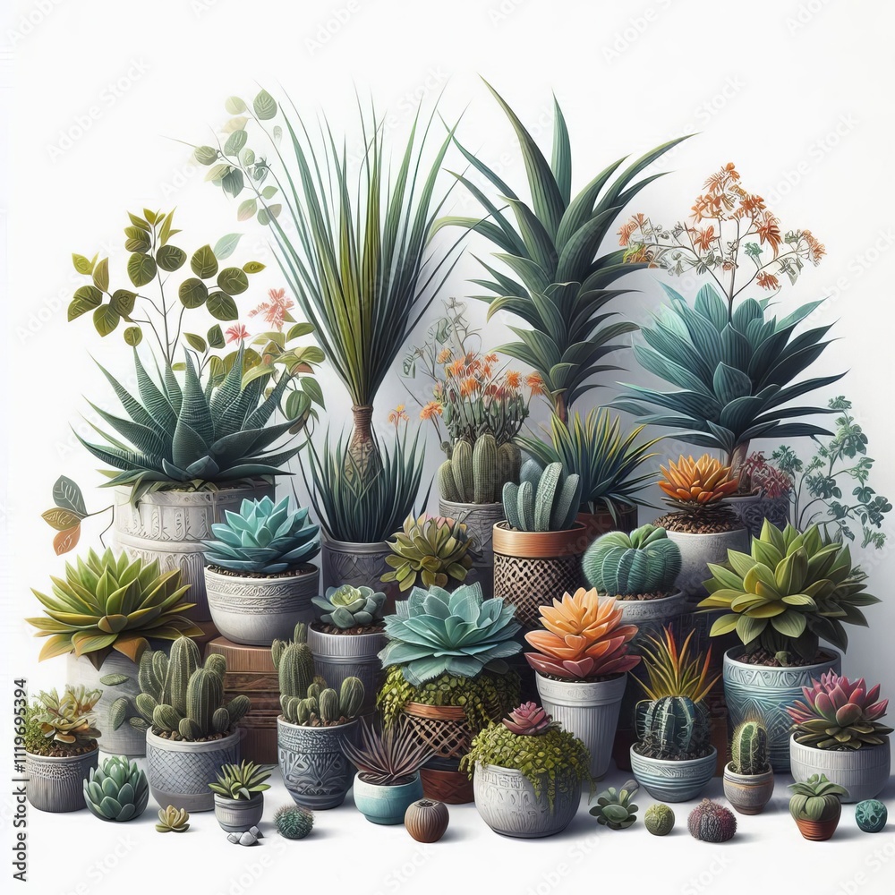Houseplants A collection of small potted plants on a white backg Houseplants A collection of small potted plants on a white backg