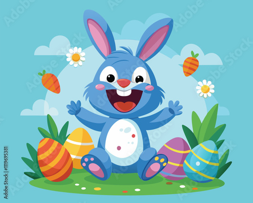 Cute Easter Bunny with Colorful Eggs. Happy Spring Holiday