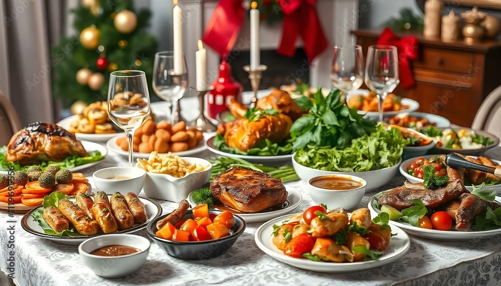 Festive New Year’s Table Setting with Dessert and Soft Lighting Festive New Year’s Table Setting with Dessert and Soft Lighting