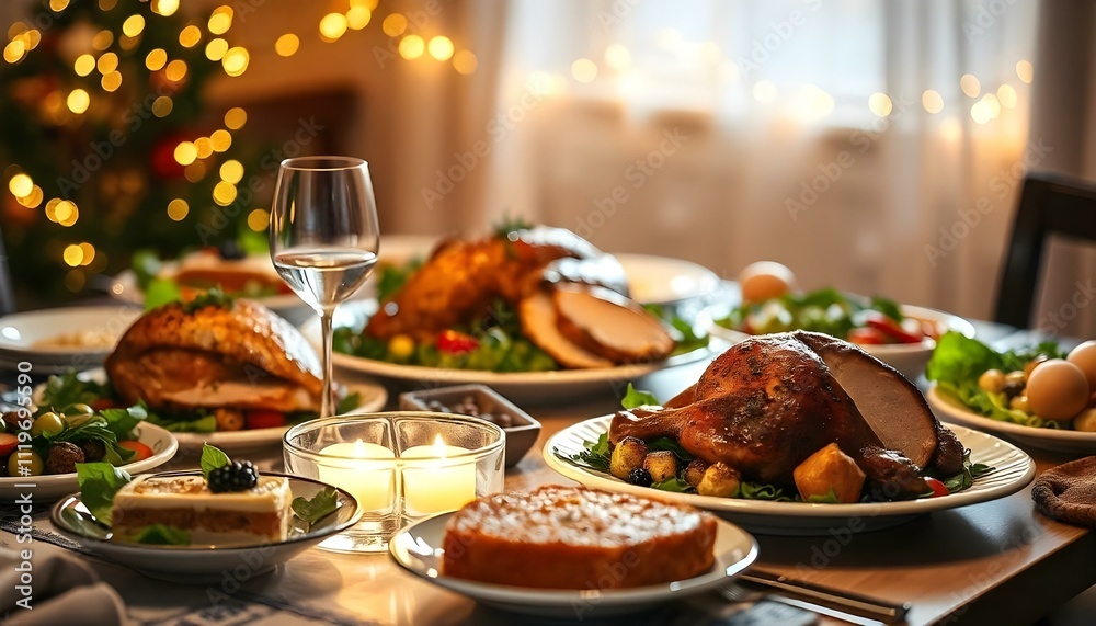 Festive New Year’s Table Setting with Dessert and Soft Lighting Festive New Year’s Table Setting with Dessert and Soft Lighting