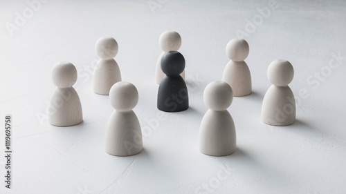 six wooden figurine in white color in a circle with one black figurine in the middle of circle. racism concept.