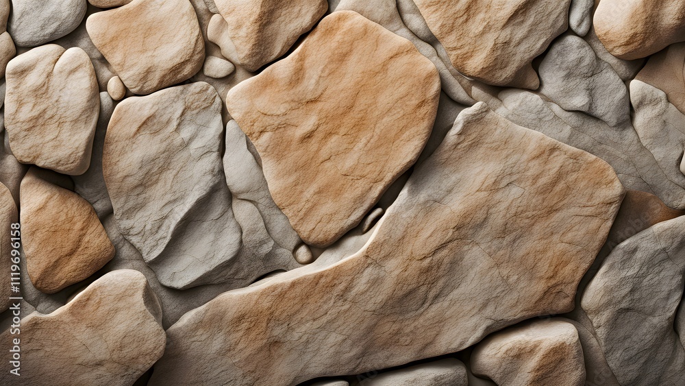 Fototapeta premium Close-up of a textured stone wall with beige and gray stones of varying shapes and sizes.