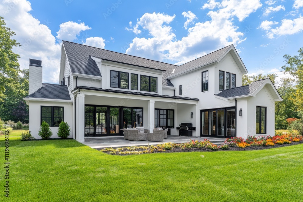 Modern suburban house white exterior gray roof large windows