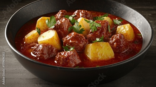 A bowl of meat and potatoes in a rich, savory sauce, garnished with fresh herbs.