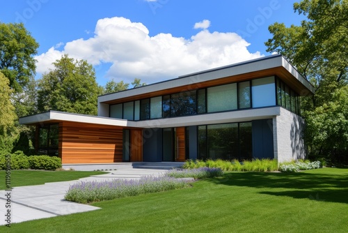 Modern two story house contemporary architecture blue and wood exterior large windows