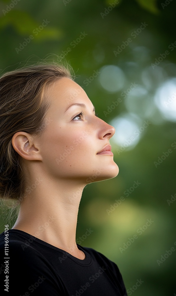 A contemplative woman gazes upward in a serene outdoor setting. A contemplative woman gazes upward in a serene outdoor setting.