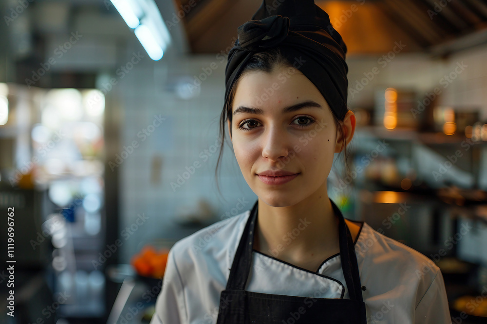 Generative AI Image of Smiling Professional Female Chef in Restaurant Kitchen Generative AI Image of Smiling Professional Female Chef in Restaurant Kitchen