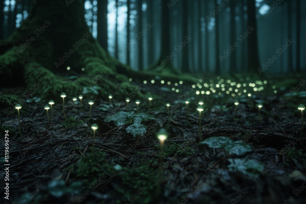 Bioluminescent fungi glow softly on a forest floor, transforming the ...