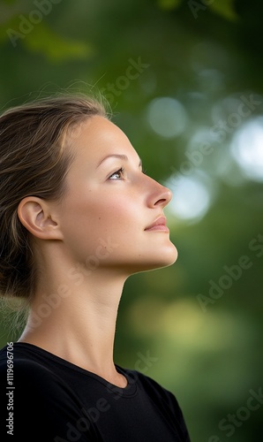 A contemplative woman gazes upward in a serene outdoor setting.