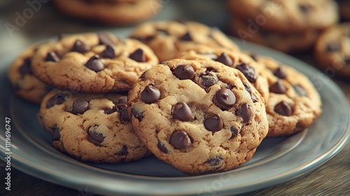 A tempting plate of freshly baked chocolate chip cookies, golden brown and gooey, perfect for any dessert lover.