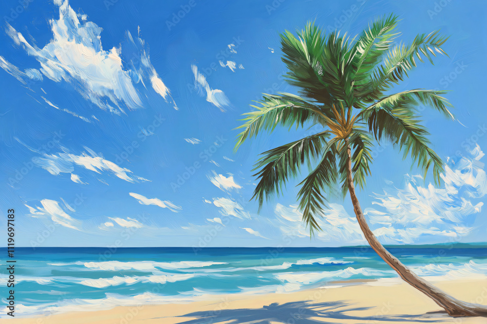 Illustration of a pristine beach scene with a lone palm tree swaying in the breeze, evoking a sense of tranquility and escape Illustration of a pristine beach scene with a lone palm tree swaying in the breeze, evoking a sense of tranquility and escape