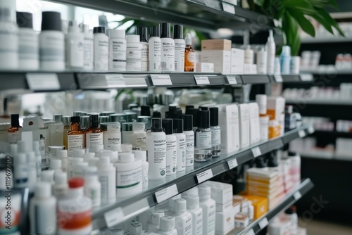 Rows of skincare products neatly organized on store shelves, creating an inviting, well-stocked, and contemporary shopping experience.