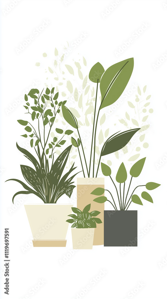 Fototapeta premium Group of lush potted plants in a modern design.