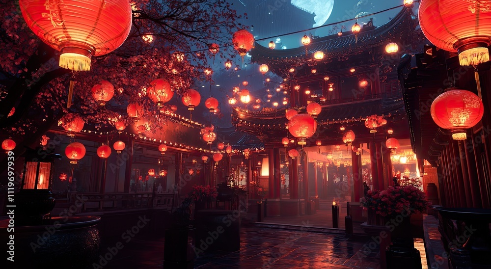 A Chinese-style courtyard decorated with red lanterns, creating a festive Chinese New Year atmosphere. A Chinese-style courtyard decorated with red lanterns, creating a festive Chinese New Year atmosphere.