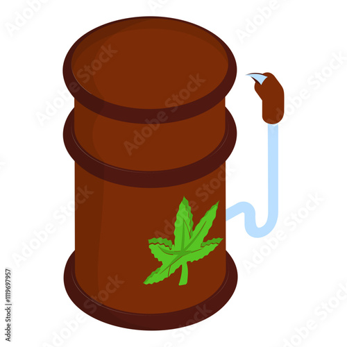 hemp biofuel drum isometric concept, biomass oil with nozzle vector icon design, Cannabis and marijuana symbol, thca and cbda sign, recreational herbal drug stock illustration