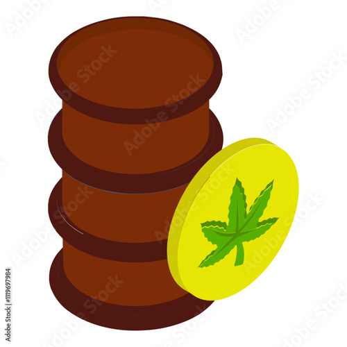 Hemp biodiesel isometric concept, Hemp ethanol methanol barrel vector icon design, Cannabis and marijuana symbol, thca and cbda sign, recreational herbal drug stock illustration