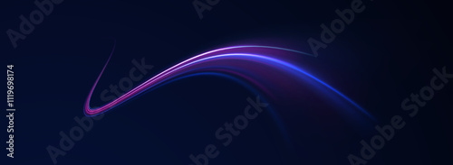 Light arc in neon colors, in the form of a turn.Creative vector illustration of flying cosmic meteor, planetoid, comet, fireball isolated on transparent background. Effect, png, wave,neon,line.