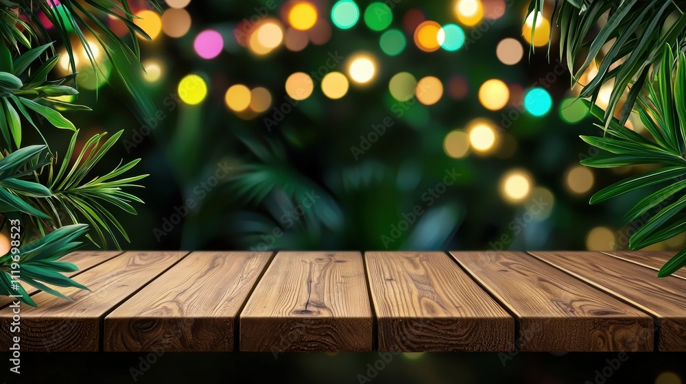 Cozy close-up of a wooden table with colorful indoor lights Cozy close-up of a wooden table with colorful indoor lights