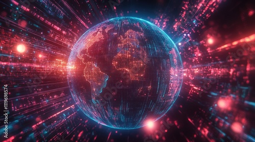 A futuristic 3D representation of Earth illuminated by vibrant data streams, showcasing a digital universe.