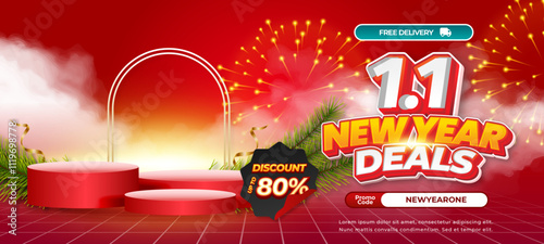 1.1 New Year Sale discount deals Dynamic Red gradient Editable text effect spectacular Showcase Horizontal banner