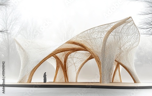 A pavilion with a structure similar to elastic fabric, where angled wooden beams exert pressure on the fabric with a dynamic and sculptural quality. photo