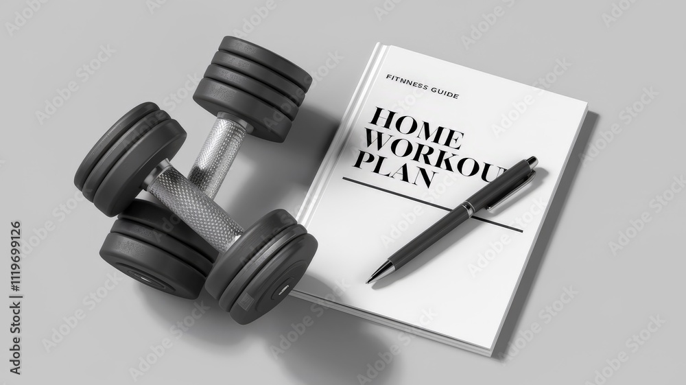 Dumbbells and book with home workout plans. Dumbbells and book with home workout plans.