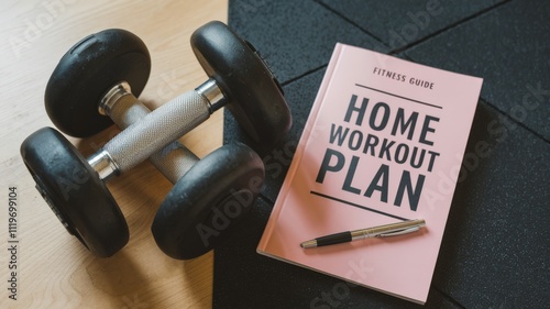 Dumbbells and book with home workout plans.