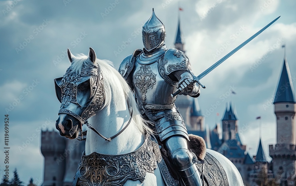 Knight in medieval armor in silver worked with gold bas-reliefs on a white horse. In the background a fairy-tale medieval castle. Knight in medieval armor in silver worked with gold bas-reliefs on a white horse. In the background a fairy-tale medieval castle.