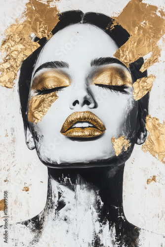 female portrait with black, white, and gold tones