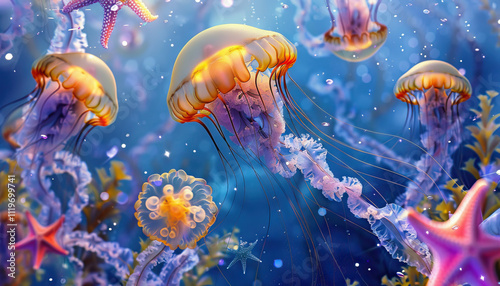 Aquatic Rhythms: Jellyfish Lead a Disco Dance with Hypnotized Starfish Under the Sea