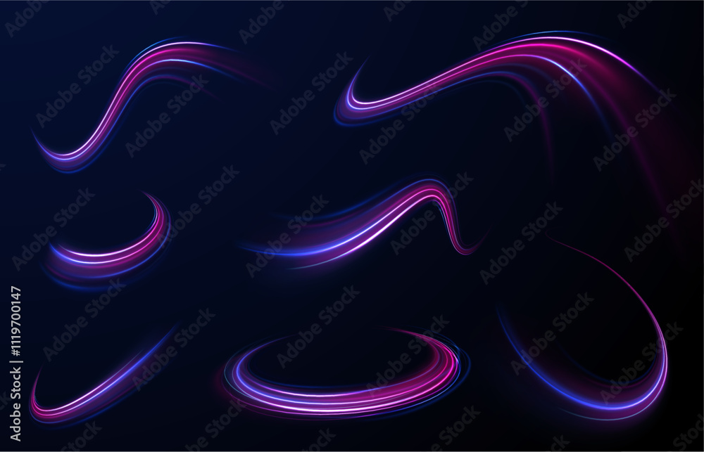 Obraz premium Neon stripes in the form of drill, turns and swirl. Speed of light concept background. Abstract background rotational border lines, png, effect, wave,neon,line.